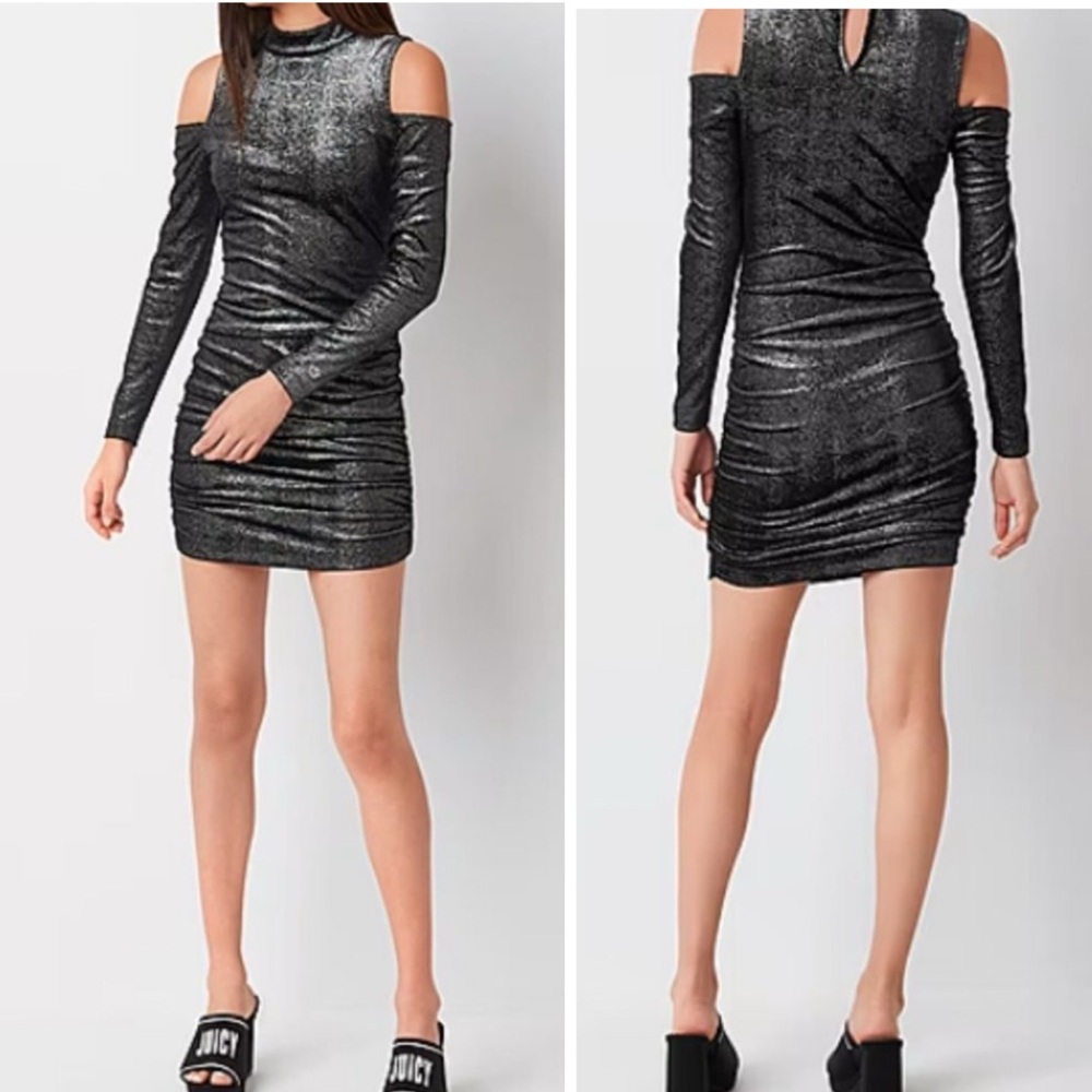 Juicy By Juicy Couture Cold Shoulder Ruched Bodycon Velour Black Shimmer Dress